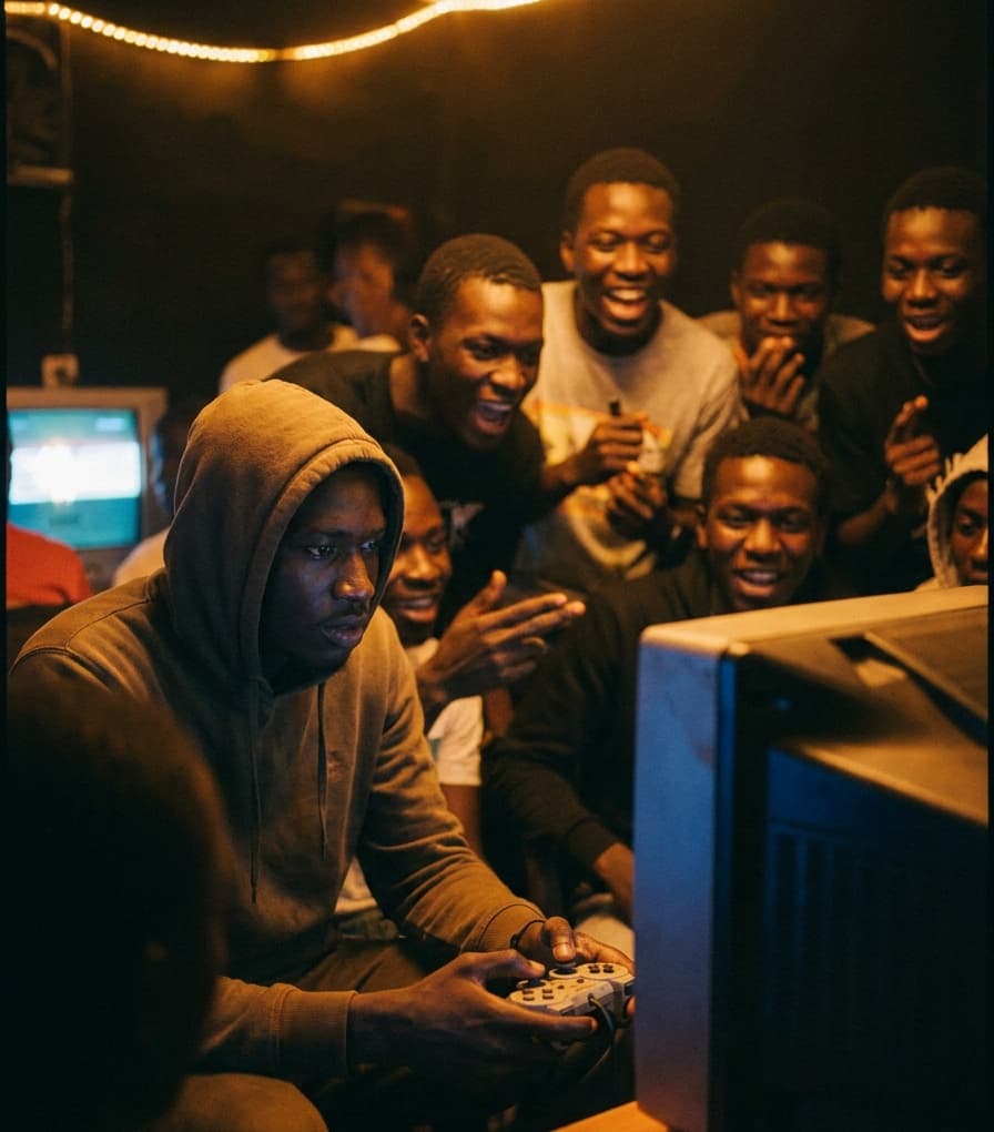 Des joueurs réunis autour d'une console lors d'une soirée tournoi à Dakar